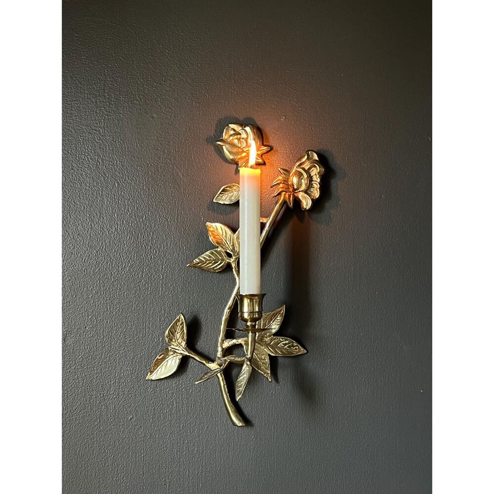 Pair of Vintage Brass Roses, Leaves and Stem Wall Candle Sconces